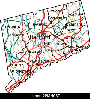 Straßenkarte und Highway-Karte von Connecticut. Vektordarstellung. Stock Vektor