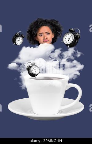 Kreatives Retro-3D-Magazin-Collage-Bild einer unglücklichen, aufgebrachten Dame, die müde aufwacht, Kaffee am Morgen, isolierter blauer Hintergrund Stockfoto