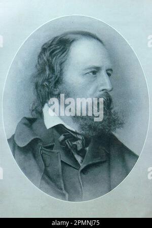 Lord Tennyson Centenary (geboren am 6. August 1809): Ein Dichter aus Somersby, Lincolnshire. Dieses Porträt von Lord Tennyson stammt von einer Kreidezeichnung von M. Arnault. Von einem gebundenen Jahr: Das wunderbare Jahr 1909. Eine illustrierte Aufzeichnung bemerkenswerter Leistungen und Ereignisse der Daily News, London und Manchester, veröffentlicht von Headley Brothers, 1909. Stockfoto