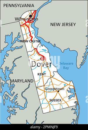 Detaillierter Delaware-Fahrplan mit Beschriftung. Stock Vektor