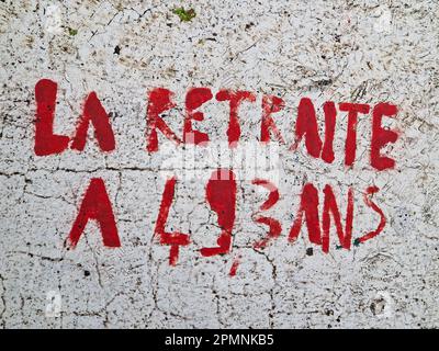 Moto gemalt von Anti-Rentengesetz-Reformaktivisten, Lyon, Frankreich Stockfoto