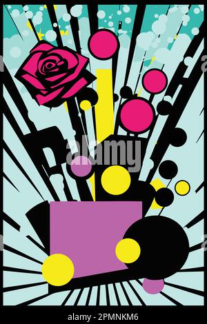 Pop Art Vintage abstrakte Illustration mit Rose, Cartoon Retro farbenfrohe Superhelden Cover mit coolem lustigem Dynamic Stock Vektor