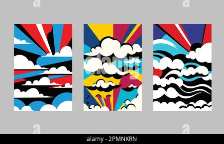 Pop Art Vintage Sky Illustration, Cartoon Retro farbenfrohe Superhelden Cover mit coolen lustigen Wolken Stock Vektor