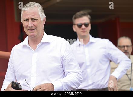 Cayenne, Frankreich. 14. April 2023. König Philippe - Filip von Belgien, abgebildet bei einem königlichen Besuch zur Eröffnung der ESA-Jupiter Icy Moons Explorer Mission „Juice“ vom Guayana Space Centre in Kourou, Französisch-Guayana, Frankreich, am Freitag, den 14. April 2023. Der Start musste aufgrund schlechter Wetterbedingungen am Donnerstag um 24 Stunden auf Freitag verschoben werden. BELGA FOTOPOOL DIDIER LEBRUN Kredit: Belga News Agency/Alamy Live News Stockfoto