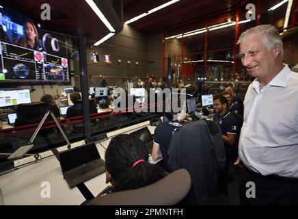 Cayenne, Frankreich. 14. April 2023. König Philippe - Filip von Belgien, abgebildet bei einem königlichen Besuch zur Eröffnung der ESA-Jupiter Icy Moons Explorer Mission „Juice“ vom Guayana Space Centre in Kourou, Französisch-Guayana, Frankreich, am Freitag, den 14. April 2023. Der Start musste aufgrund schlechter Wetterbedingungen am Donnerstag um 24 Stunden auf Freitag verschoben werden. BELGA PHOTO POOL ERIC LALMAND Kredit: Belga News Agency/Alamy Live News Stockfoto