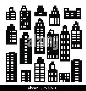 Flache schwarze Stadtlandschaft, Silhouette-Gebäude Stock Vektor