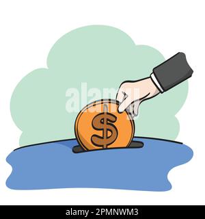 Großhand eines Geschäftsmannes, der Münze in das Schweinebank steckt Illustration Vektor Hand gezeichnet auf weißem Hintergrund Strichkunst. Stock Vektor
