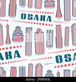 Vector Osaka Nahtloses Muster, quadratischer, sich wiederholender Hintergrund mit Illustration der berühmten osaka Stadtlandschaft auf weißem Hintergrund für Geschenkpapier, Dekor Stock Vektor