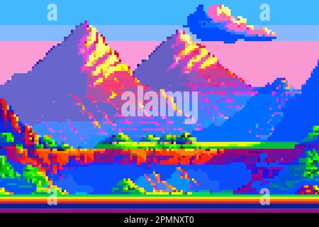 8bit-Pixel-Grafik im Querformat. Sommer natürliche Landschaft Berg Stock Vektor