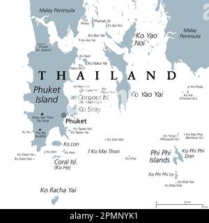 Phuket, größte Insel Thailands, graue politische Karte, mit Umgebung. Beliebte Touristenregion mit Inseln südlich der malaiischen Halbinsel. Stockfoto