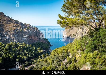 Herrlicher Sommerblick auf Cala de Sa Calobra, eine Klippe über dem Mittelmeer im Tramuntana-Gebirge von Mallorca, Spanien. Stockfoto