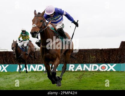 Bild D'Orhy, geritten von Harry Cobden, um am zweiten Tag des Randox Grand National Festivals auf der Rennbahn Aintree, Liverpool, den Marsh Chase zu gewinnen. Foto: Freitag, 14. April 2023. Stockfoto