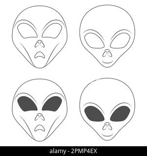 Schwarzweiße Illustration mit Alien-Gesicht. Isoliertes Vektorobjekt auf weißem Hintergrund. Stock Vektor