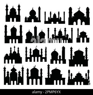 Silhouettenset mit arabischem Minarett, arabischer schwarzer Moschee, Muslim Stock Vektor