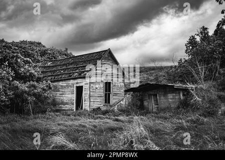 Schwarz-weiß-Bild eines gruseligen alten verlassenen Hauses unter bedrohlichen Wetterwolken im Osten von Washington, USA Stockfoto