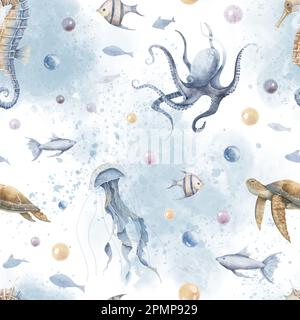 Nahtloses Muster mit Unterwassertieren. Handgemalte Aquarellzeichnung mit Meeresschildkröte und Tintenfisch. Hintergrund mit abstrakten Punkten und Wasserblasen für nautisches Textildesign oder Geschenkpapier. Stockfoto