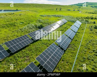 Zwei Reihen Sonnenkollektoren auf einem grünen Feld mit sanften Hügeln im Hintergrund, nördlich von Longview, Alberta, Kanada Stockfoto