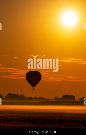 Silhouette eines Heißluftballons in einem orangefarbenen, leuchtenden Himmel bei Sonnenaufgang über einem nebeligen Feld und dem Sonnenaufgang, östlich von Calgary, Alberta, Kanada Stockfoto