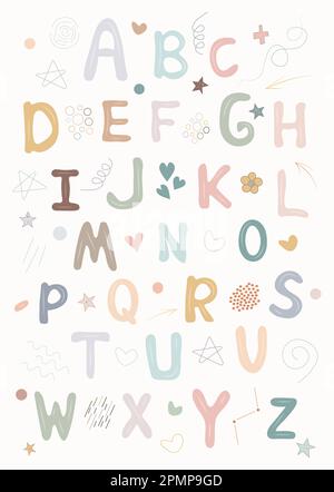 Handgezeichnetes Kinderalphabet mit niedlichen Buchstaben Clip Art, ABC-Poster, pädagogische Illustration für Kinder mit Schriftart, Wandgemälde für das Kinderzimmer, Beige Buchstaben Druck, S Stockfoto