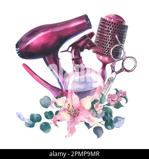 Aquarelle Abbildung des Friseursalons. Friseurset. In Aquarellfarben gehaltene Einrichtung mit Haartrockner, Wasserstrahl, Kamm, Schere und Haarspange Stockfoto