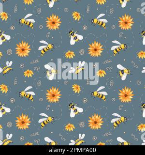 Bienenzucht. Wasserfarbenes, nahtloses Muster mit Bienen und Feldblumen. Design für Tapeten, Textilien und mehr. Auf weißem Hintergrund. Stockfoto