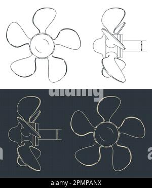 Stilisierte Vektordarstellung von Blaupausen einer Propellerschraube mit variablem Blattwinkel Stock Vektor