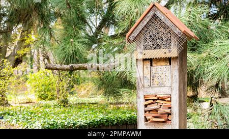 Insektenhotel mit vielen Häusern aus Naturmaterialien für verschiedene Tiere, die den nachhaltigen Garten vor Schädlingen schützen. Insektenhaus Nahaufnahme Foto Stockfoto