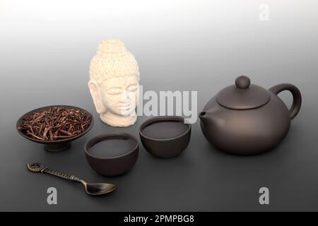 Kukicha Zweig Kräuter grüner Tee Getränk. Japanische Zeremonie mit Keramikteekanne und Buddha-Statue. Gesundes alkalisierendes Getränk mit hohem Vitamin- und Mineralgehalt. Stockfoto