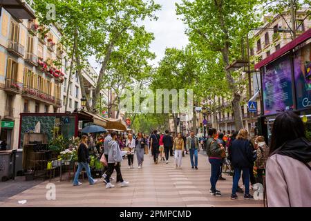 Barcelona, Spanien, Weitwinkelblick, große Menschenmassen zu Fuß, Straßenszenen, in der historischen Stadt, „die Rambla“ Stockfoto