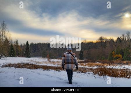Ein junger Mann geht über ein verschneites Feld auf dem Land, Surrey, British Columbia, Kanada Stockfoto