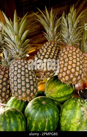 Ananas und Wassermelonen zum Verkauf in Tobago; Tobago Island, Trinidad und Tobago Stockfoto