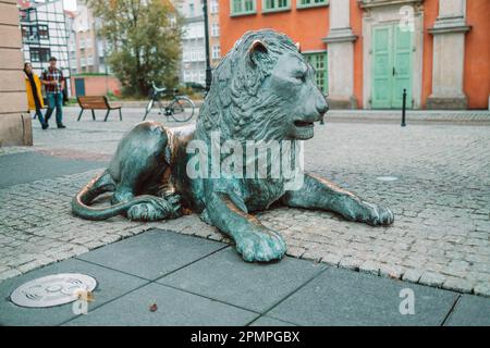 Danzig, Polen - 11. November 2022: Statuen von Bronzelöwen in der Altstadt von Danzig als Symbol der Stadt, Polen Stockfoto