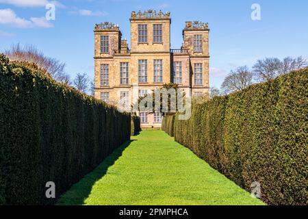 Hardwick Hall - ein elisabethanisches Haus, das in den 1590s Jahren von Bess of Hardwick in Derbyshire, England, erbaut wurde Stockfoto