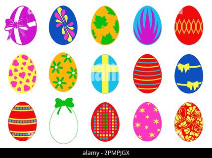 Set mit verschiedenen Ostereiern, isoliert auf weiß Stockfoto