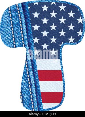 Der Vector-Buchstabe T mit der Textur von blauem jean-Material und US-Flagge - das Monogramm-T mit Denim-Material und amerikanischer Flagge - das jean-Alphabet Stock Vektor