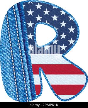 Der Vector-Buchstabe R mit der Textur von blauem jean-Material und US-Flagge - das Monogramm R mit Denim-Material und amerikanischer Flagge - das jean-Alphabet Stock Vektor