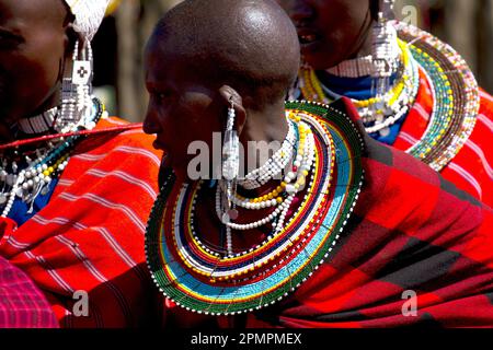 Masai-Frauen in traditioneller Kleidung; Ngorongoro-Krater, Tansania Stockfoto