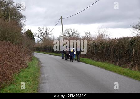 Eine Gruppe von Spaziergängern in der britischen Landschaft auf einer Landstraße Stockfoto