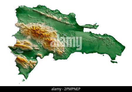 Dominikanische Republik. Detailliertes 3D-Rendering einer schattierten Reliefkarte mit Flüssen und Seen. Farbig nach Höhe. Erstellt mit Satellitendaten. Stockfoto