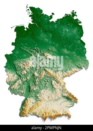 Deutschland. Detailliertes 3D-Rendering einer schattierten Reliefkarte mit Flüssen und Seen. Farbig nach Höhe. Weißer Hintergrund. Erstellt mit Satellitendaten. Stockfoto