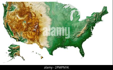 Vereinigte Staaten von Amerika. Detailliertes 3D-Rendering einer schattierten Reliefkarte mit Flüssen und Seen. Farbig nach Höhe. Erstellt mit Satellitendaten. Stockfoto