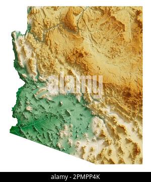 Der US-Bundesstaat Arizona. Sehr detailliertes 3D-Rendering schattierter Reliefkarten mit Flüssen und Seen. Farbig nach Höhe. Erstellt mit Satellitendaten. Stockfoto