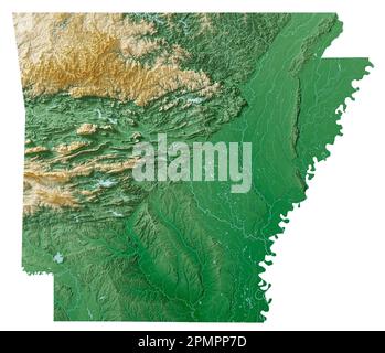Der US-Bundesstaat Arkansas. Sehr detailliertes 3D-Rendering schattierter Reliefkarten mit Flüssen und Seen. Farbig nach Höhe. Erstellt mit Satellitendaten. Stockfoto