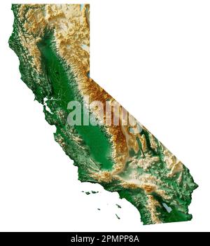 Der US-Staat Kalifornien. Detailliertes 3D-Rendering von schattierten Reliefkarten mit Flüssen und Seen. Farbig nach Höhe. Erstellt mit Satellitendaten. Stockfoto