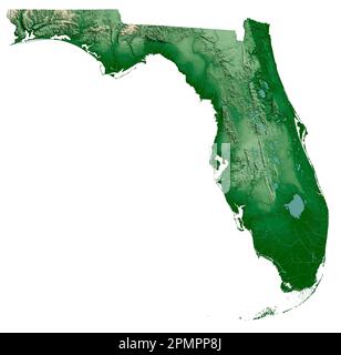 Der US-Bundesstaat Florida. Sehr detailliertes 3D-Rendering schattierter Reliefkarten mit Flüssen und Seen. Farbig nach Höhe. Erstellt mit Satellitendaten. Stockfoto