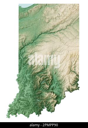 Der US-Bundesstaat Indiana. Sehr detailliertes 3D-Rendering schattierter Reliefkarten mit Flüssen und Seen. Farbig nach Höhe. Erstellt mit Satellitendaten. Stockfoto