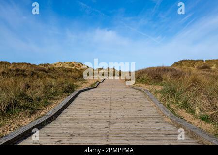 An einem sonnigen Morgen blickte man auf einem hölzernen Fußweg durch Sanddünen in Richtung Strand Stockfoto