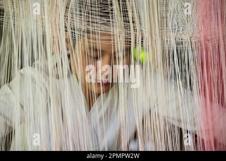 Frau, die hinter feinen Fäden webt, in Ock Pop Tock, einem lebendigen Handwerkszentrum; Luang Prabang, Laos Stockfoto