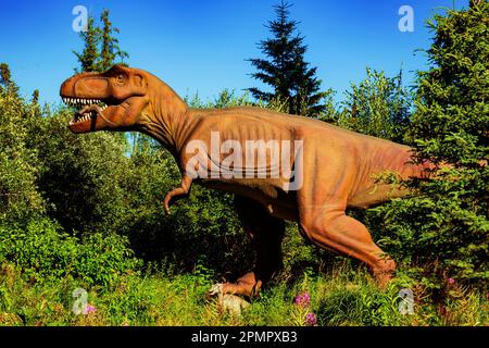 Ein Tyrannosaurus Rex im Jurrasic Forest, eine Touristenattraktion mit animatronischen Dinosauriern, direkt vor Gibbons in Alberta, Kanada Stockfoto