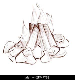 Grobe, schlüpfende Vintage-Zeichnung des brennenden Brennholzes. Einfacher, brauner Freihandkritzel. Isoliert auf transparentem Hintergrund. Stockfoto